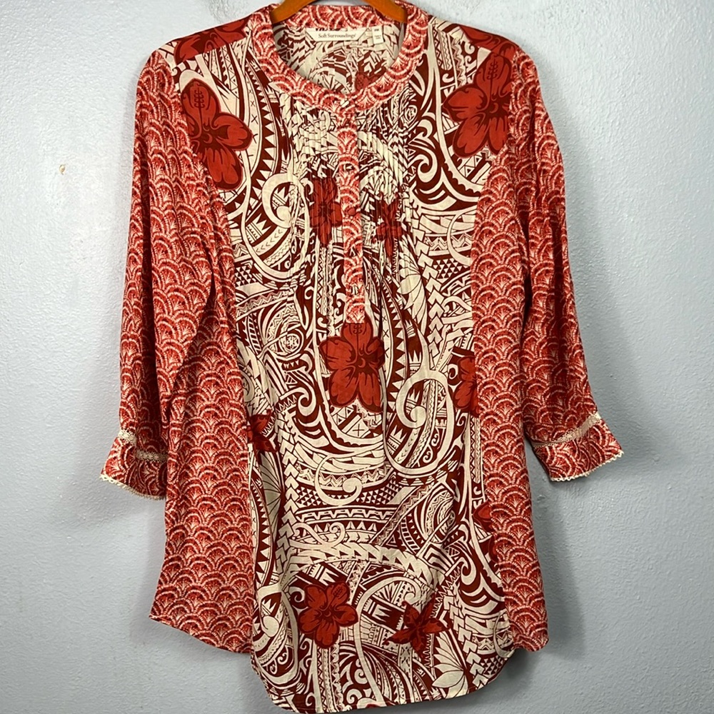 Soft Surroundings Floral Mixed Print 3/4 Sleeve Popover Tunic Medium Petite